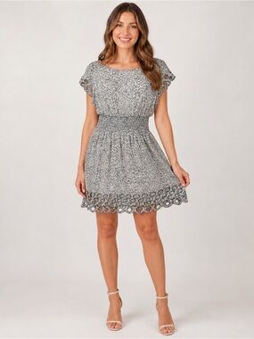 bar III Smocked Waist Dress L Eyelet Hem Flutter Sleeve Black White Feminine
